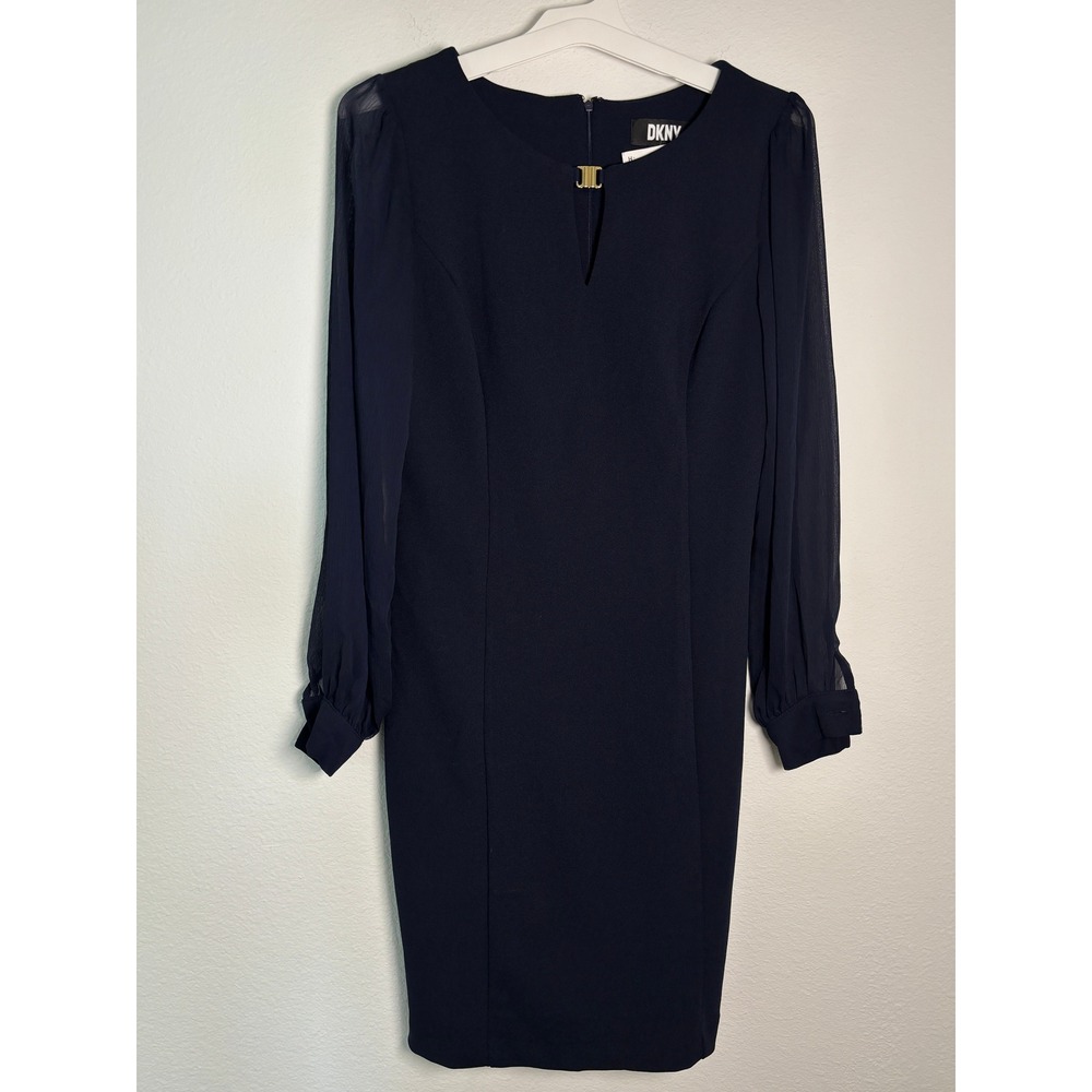 DKNY Navy Blue Sheath Dress‎ Sheer Chiffon Long Sleeve Gold Hardware Keyhole 6